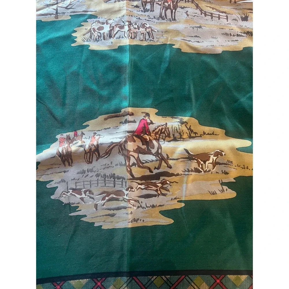 Vintage Equestrian Scarf Fox Hunt Plaid Satin Scarf‎ Green Preppy Classic Horse